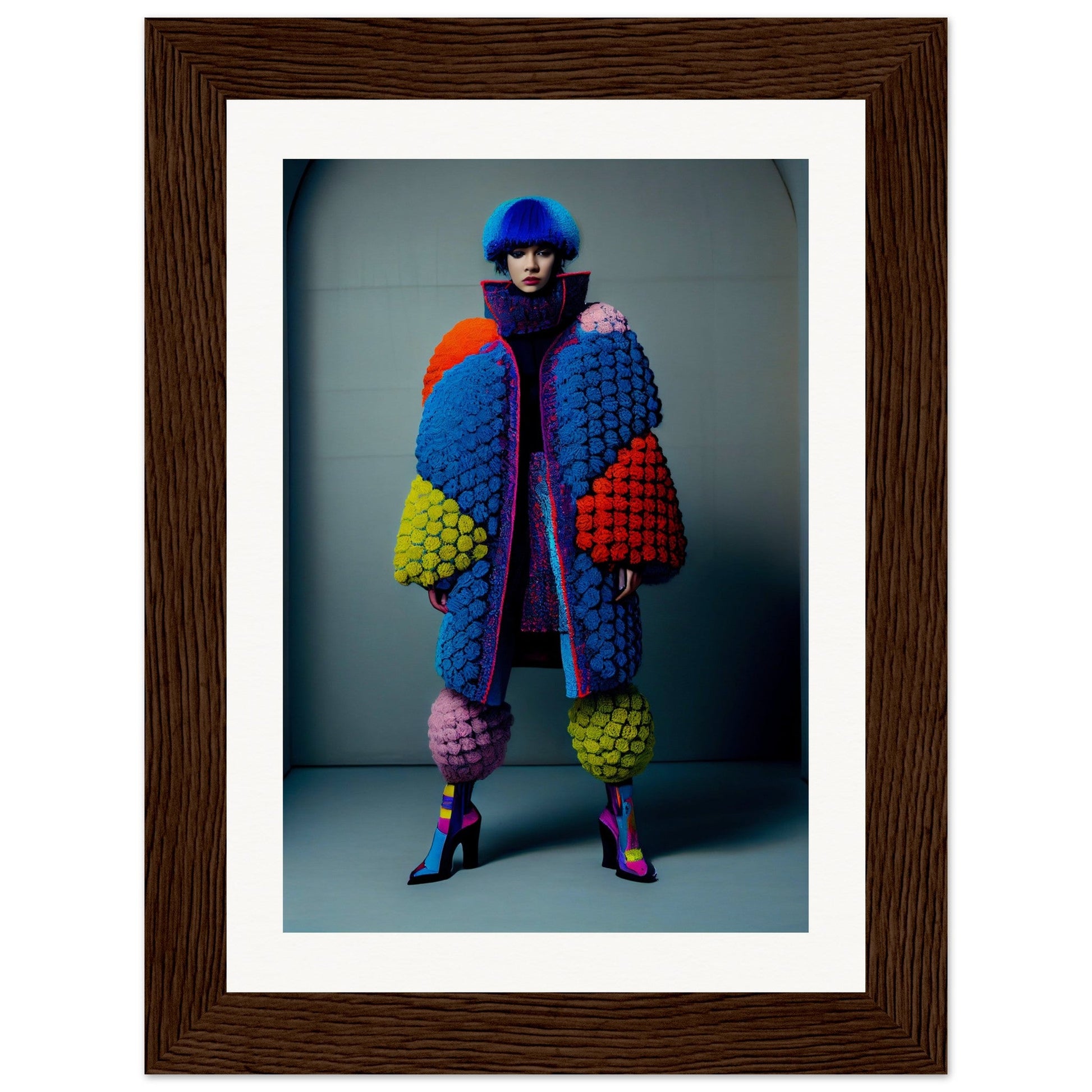 A woman in a colorful coat is standing in front of a black frame, showcasing the Crochet Addicts Anonymous The Oracle Windows™ Collection.