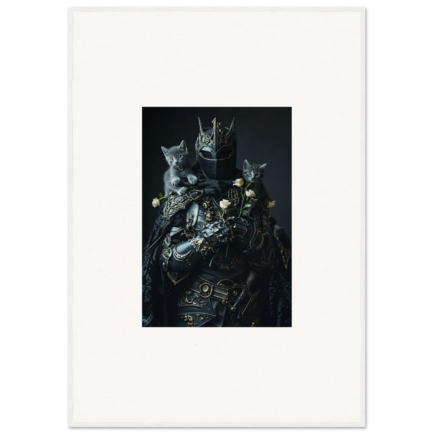 Dark ornate armor with cat faces, perfect for unique room decor or framed wall art