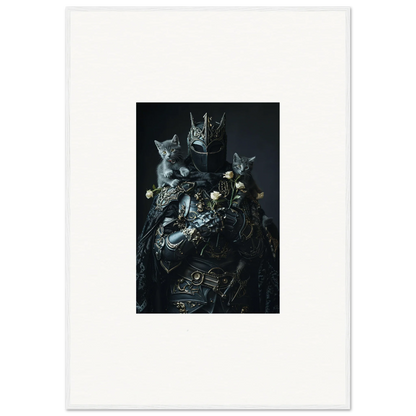 Dark ornate armor with cat faces, perfect for unique room decor or framed wall art