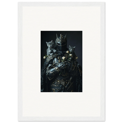 Dark surreal art of cats in metallic armor, perfect for room decor or canvas prints