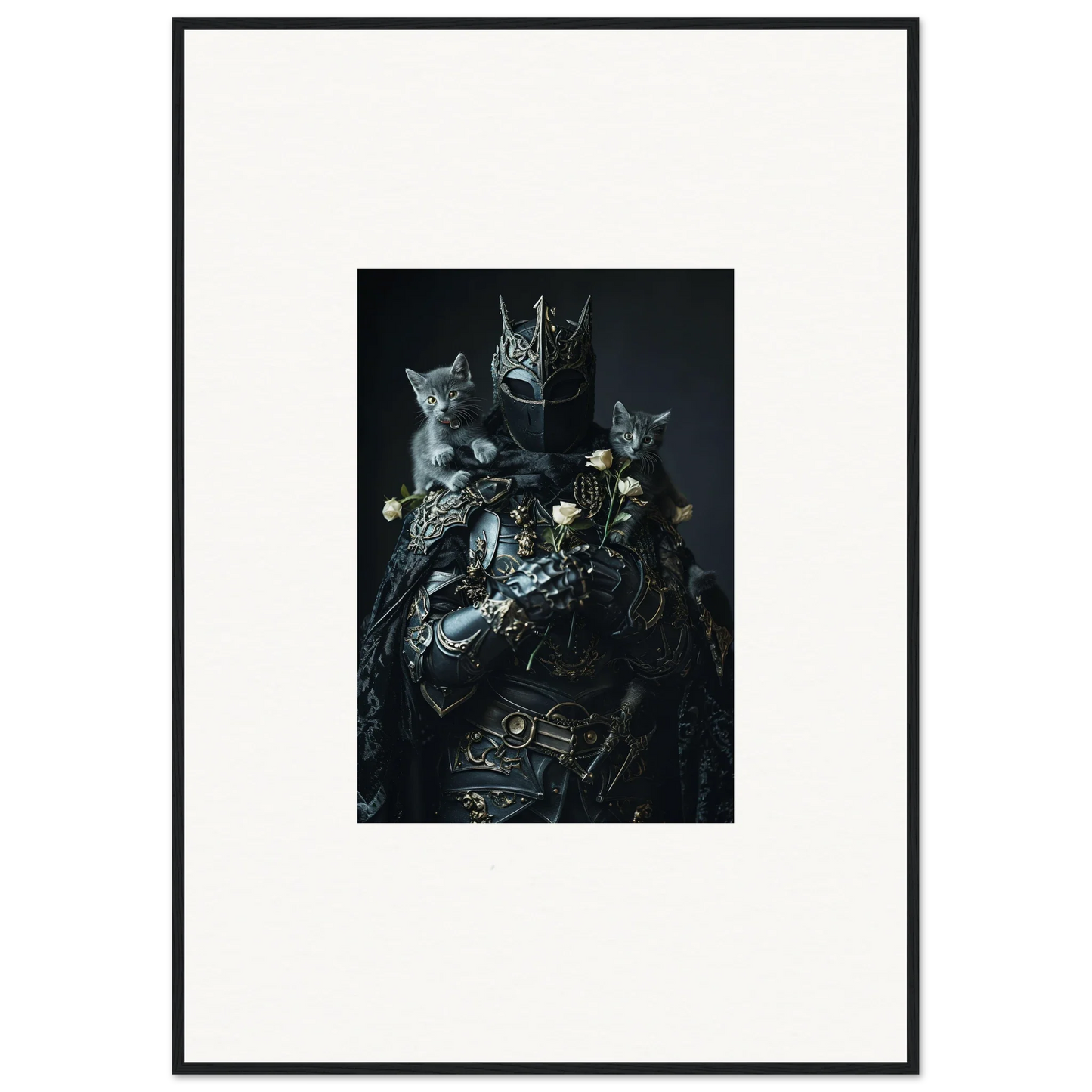 Dark surreal portrait of cats in armor for unique room decor or canvas prints