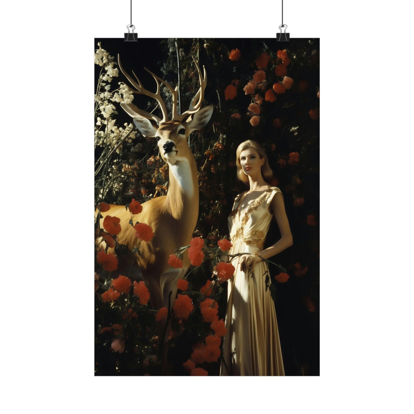 Poster depicting a surreal scene with a deer and a woman surrounded by flowers.