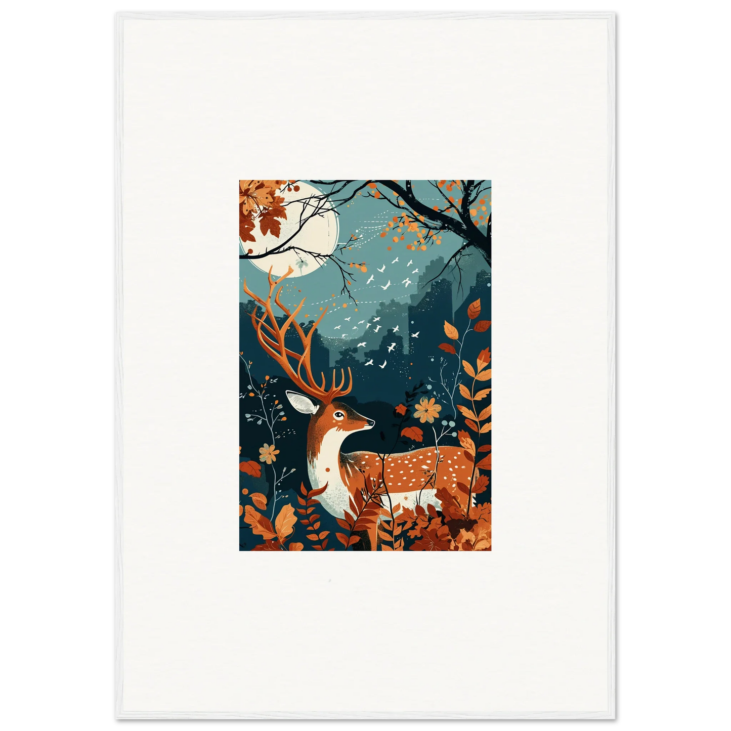 Deer with antlers amidst autumn leaves in Starlight Coalescence framed wall art