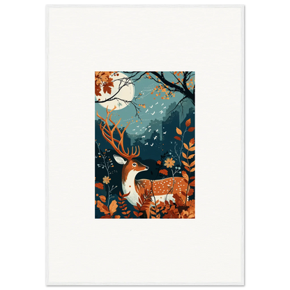 Deer with antlers amidst autumn leaves in Starlight Coalescence framed wall art