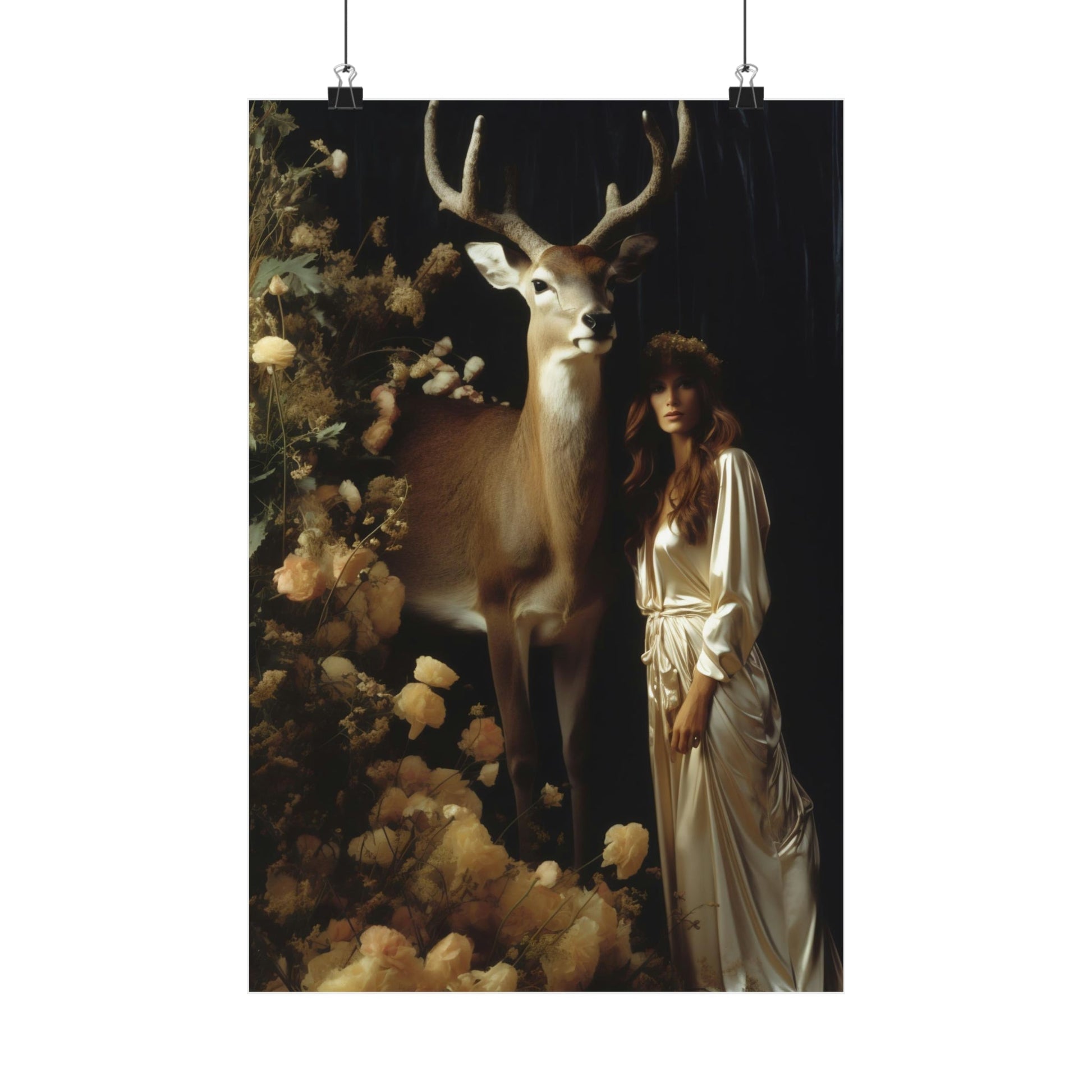 Majestic deer standing next to a woman in a white dress amid flowers.