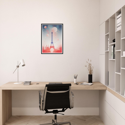 A desk with a chair and a framed picture on it