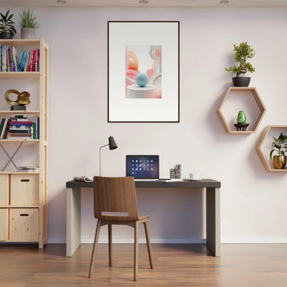 Desk with chair and laptop, featuring cosmic timeless room decor and framed wall art