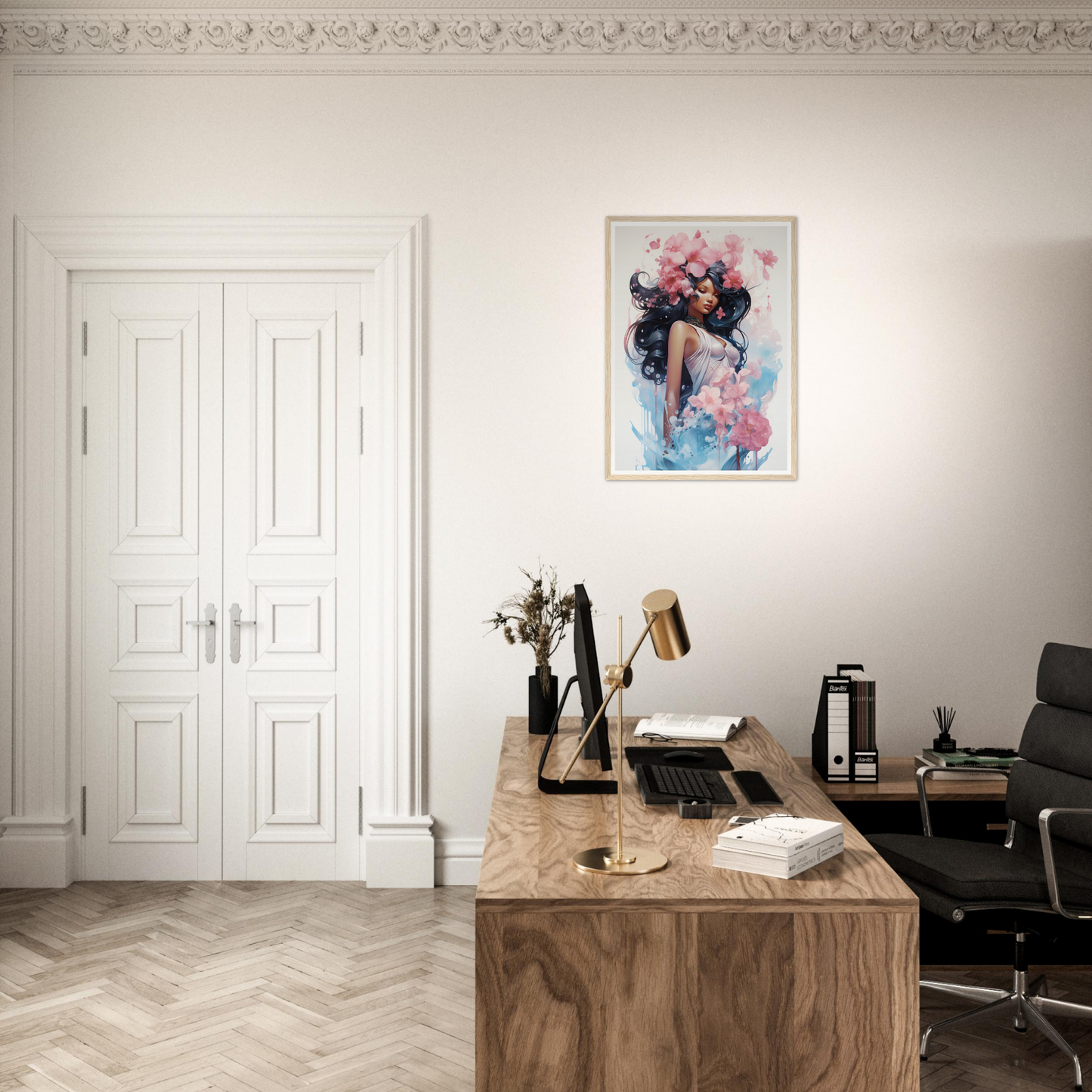 A desk with a chair and a painting on the wall