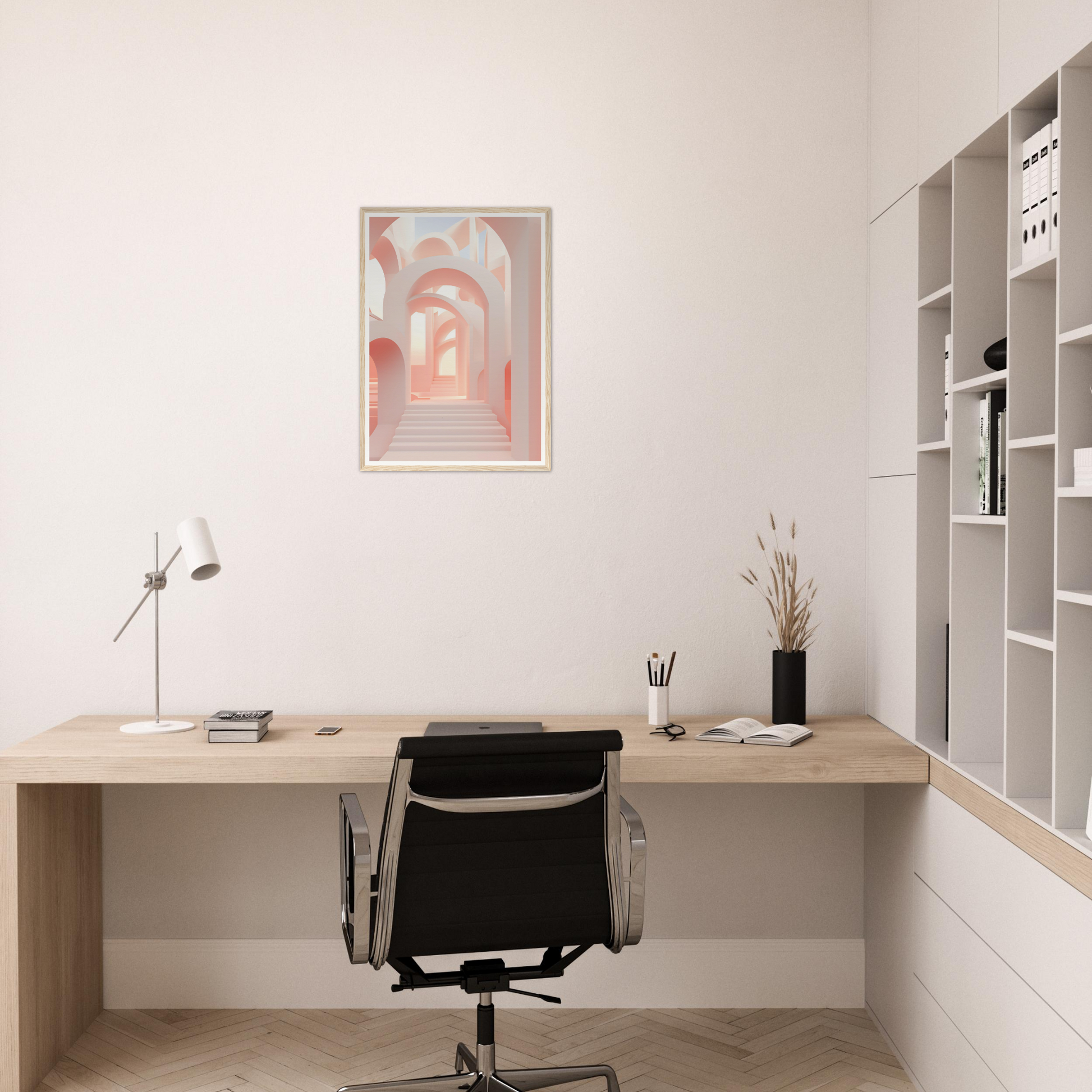 A desk with a chair and a painting on the wall