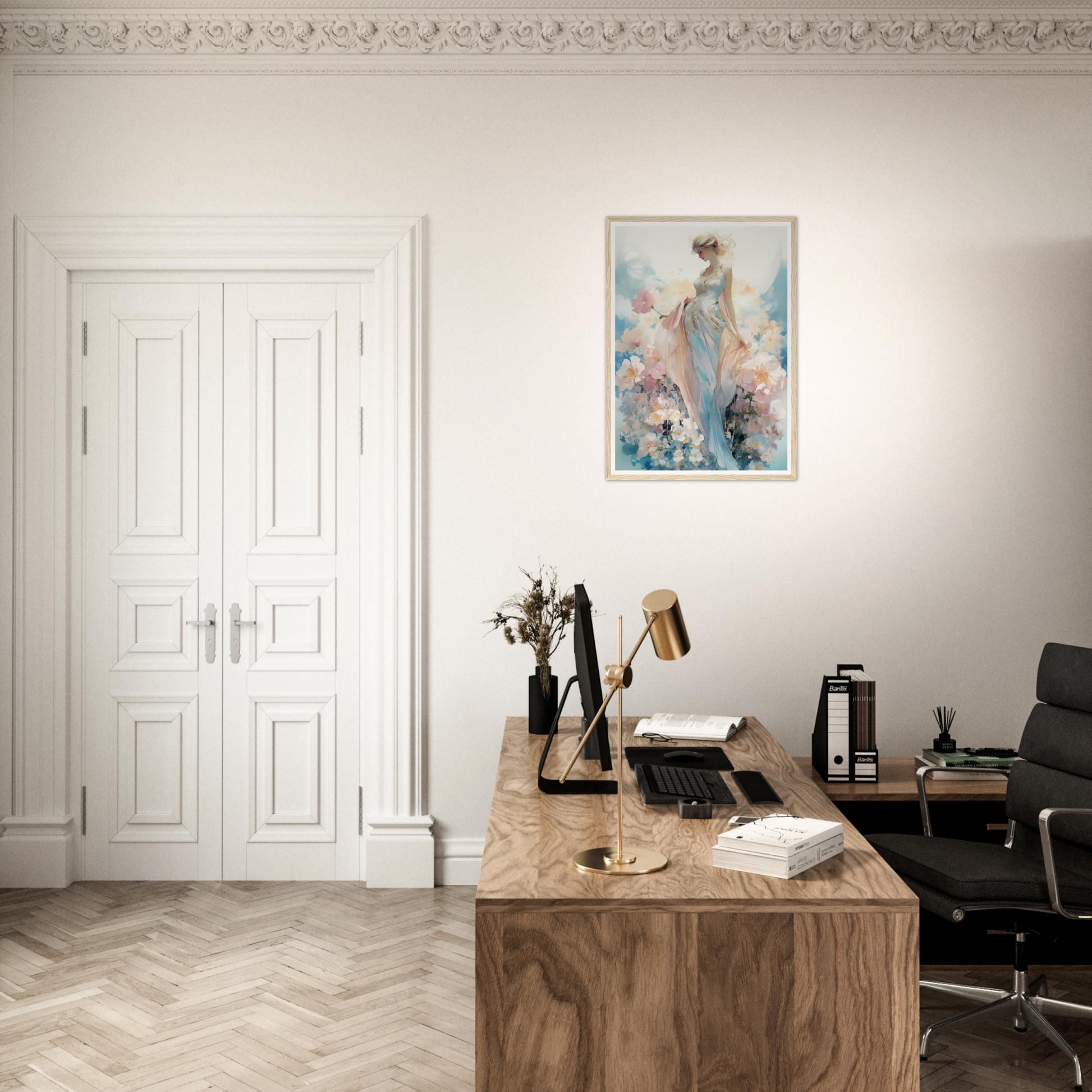 A desk with a chair and a painting on the wall