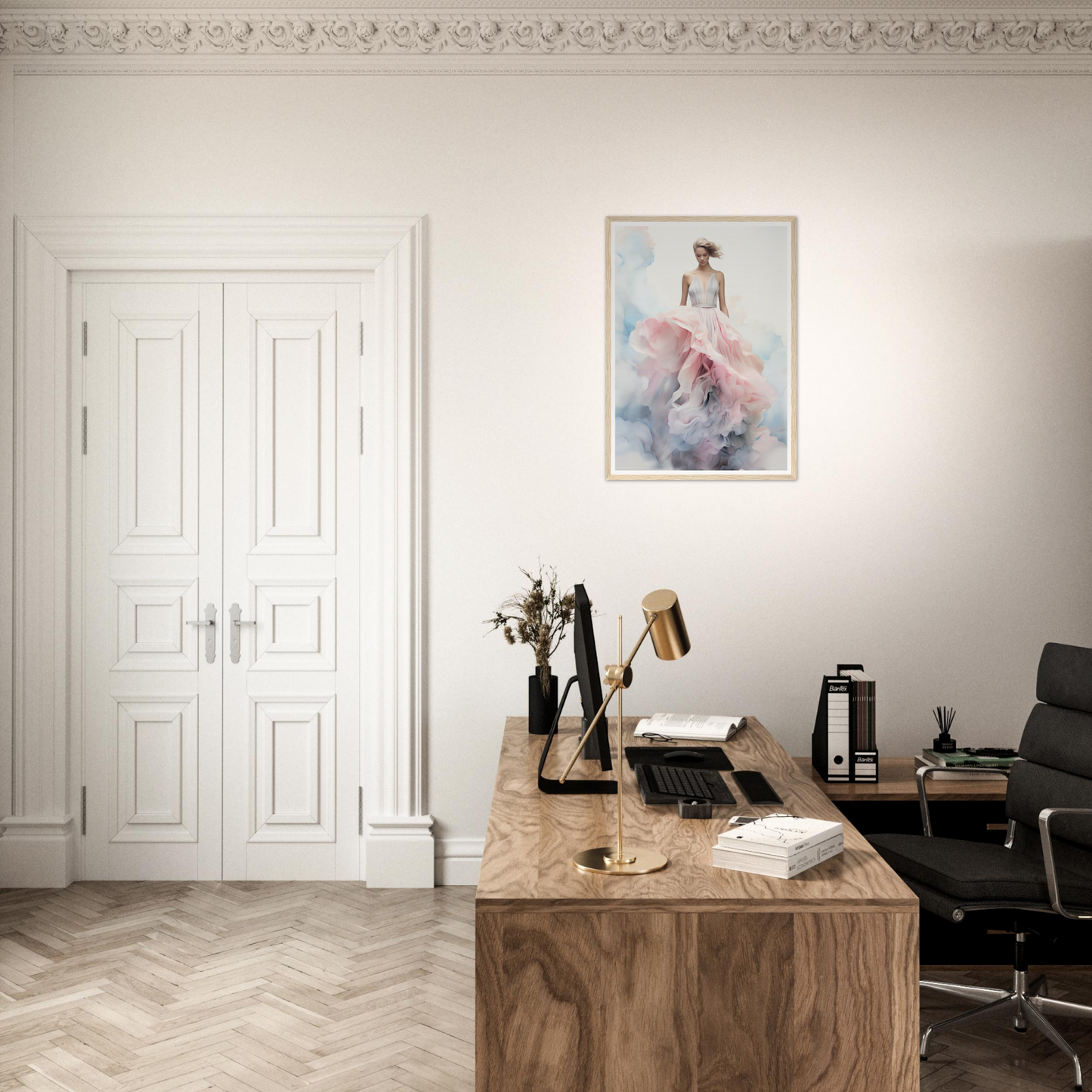 A desk with a chair and a painting on the wall