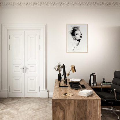 A desk with a chair and a painting on the wall