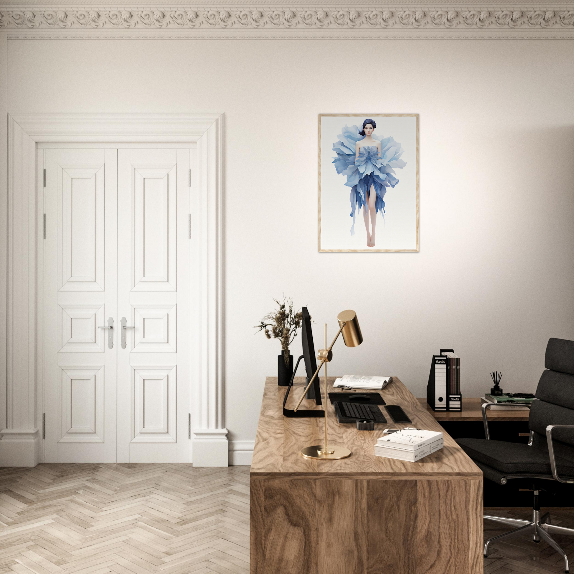 A desk with a chair and a painting on the wall