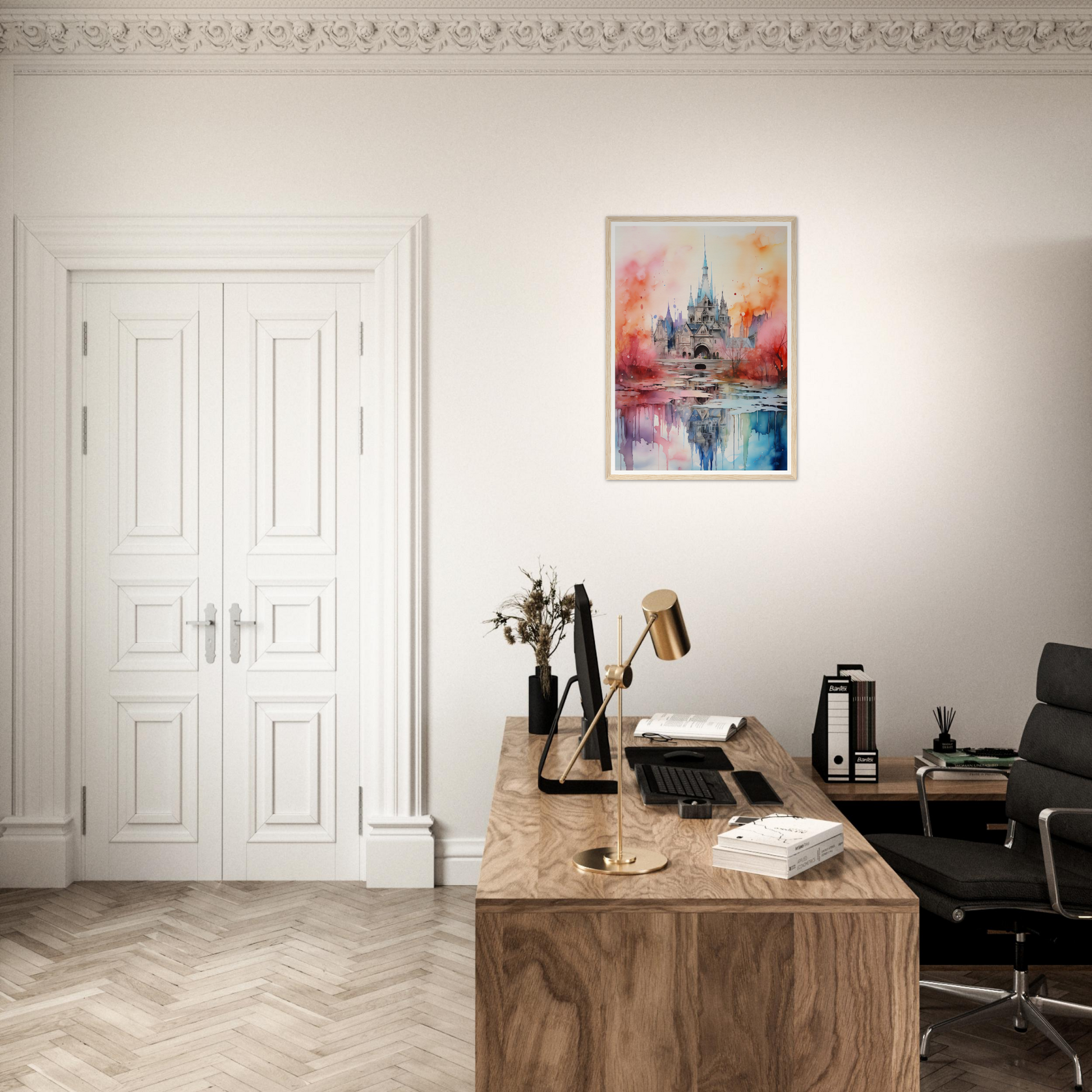 A desk with a chair and a painting on the wall