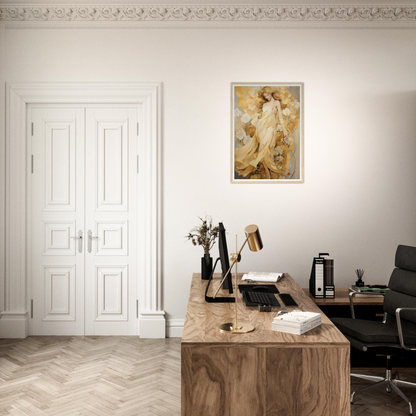 A desk with a chair and a painting on the wall