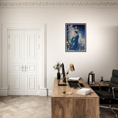 A desk with a chair and a painting on the wall