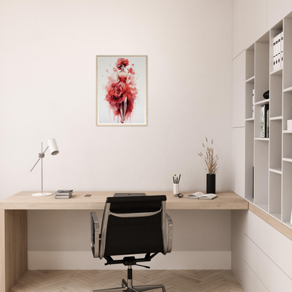 A desk with a chair and a painting on the wall