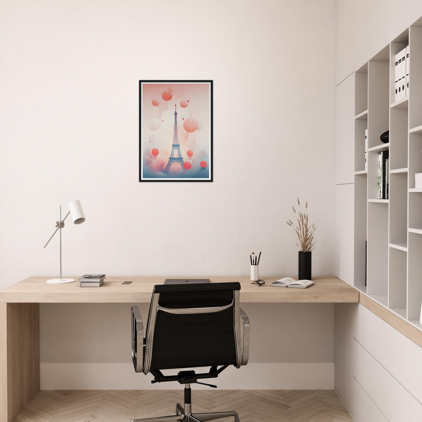 A desk with a chair and a painting on the wall