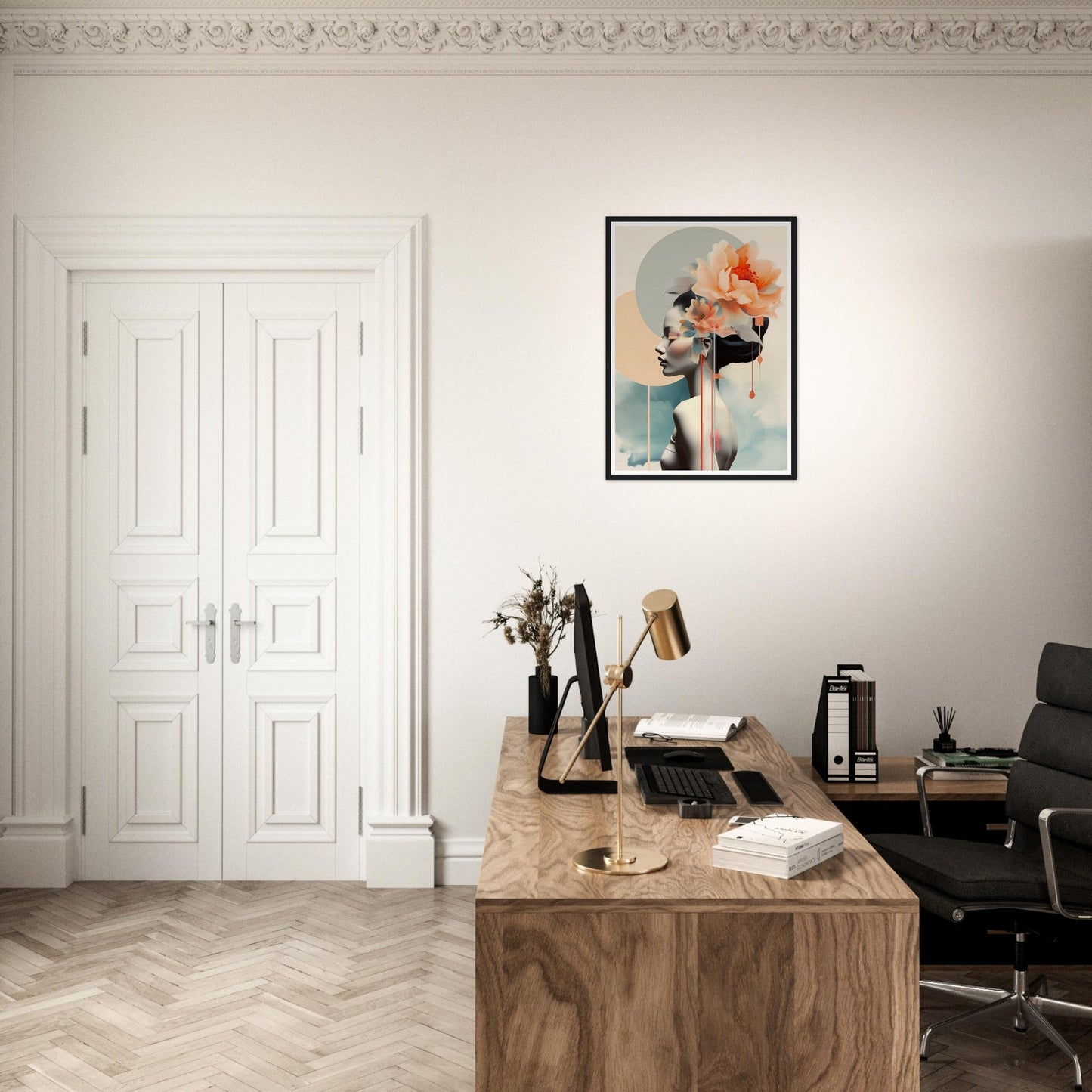 A desk with a chair and a painting on the wall