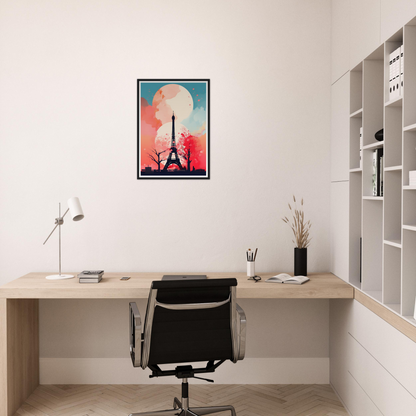 There is a desk with a chair and a picture on the wall