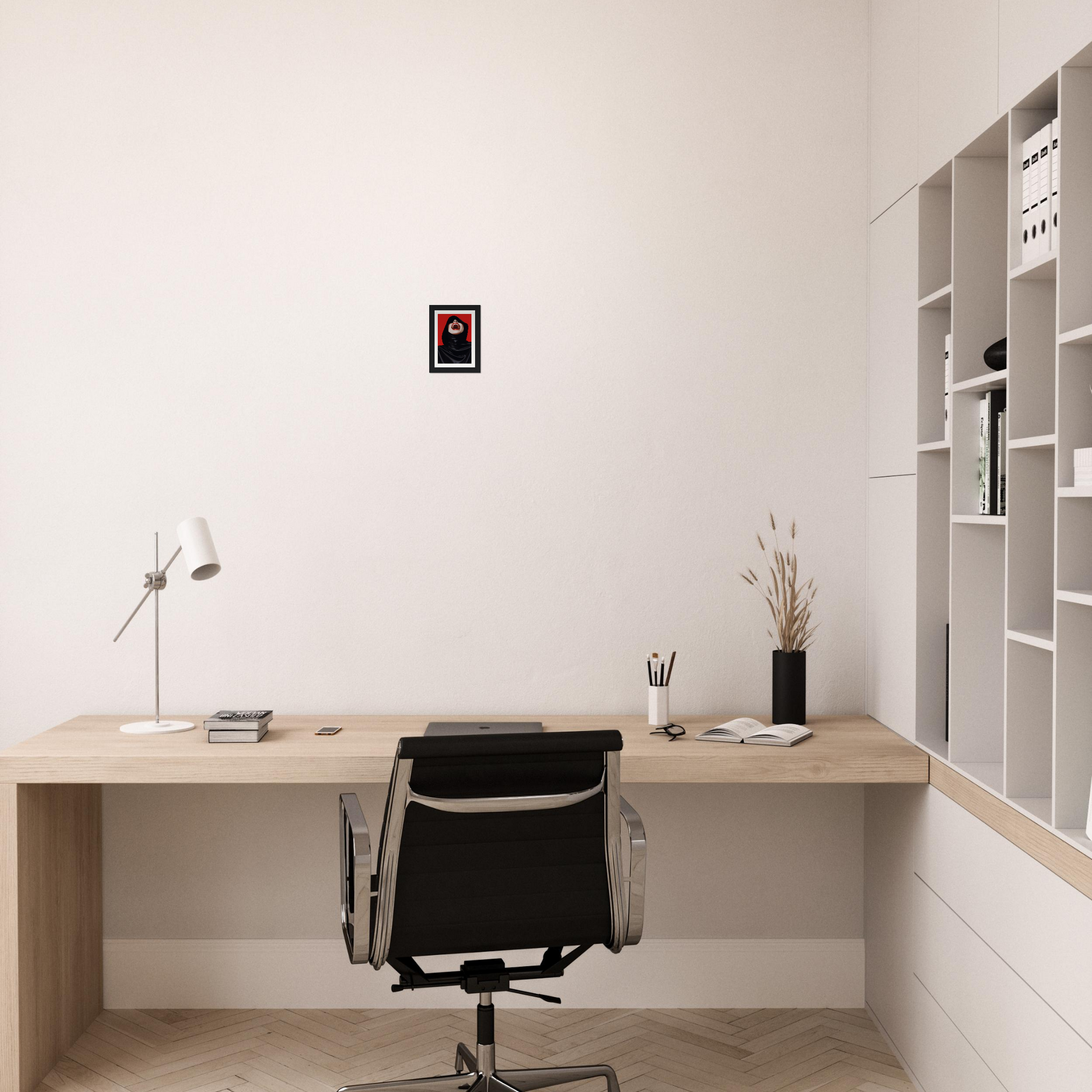 A desk with a computer and a chair in the corner