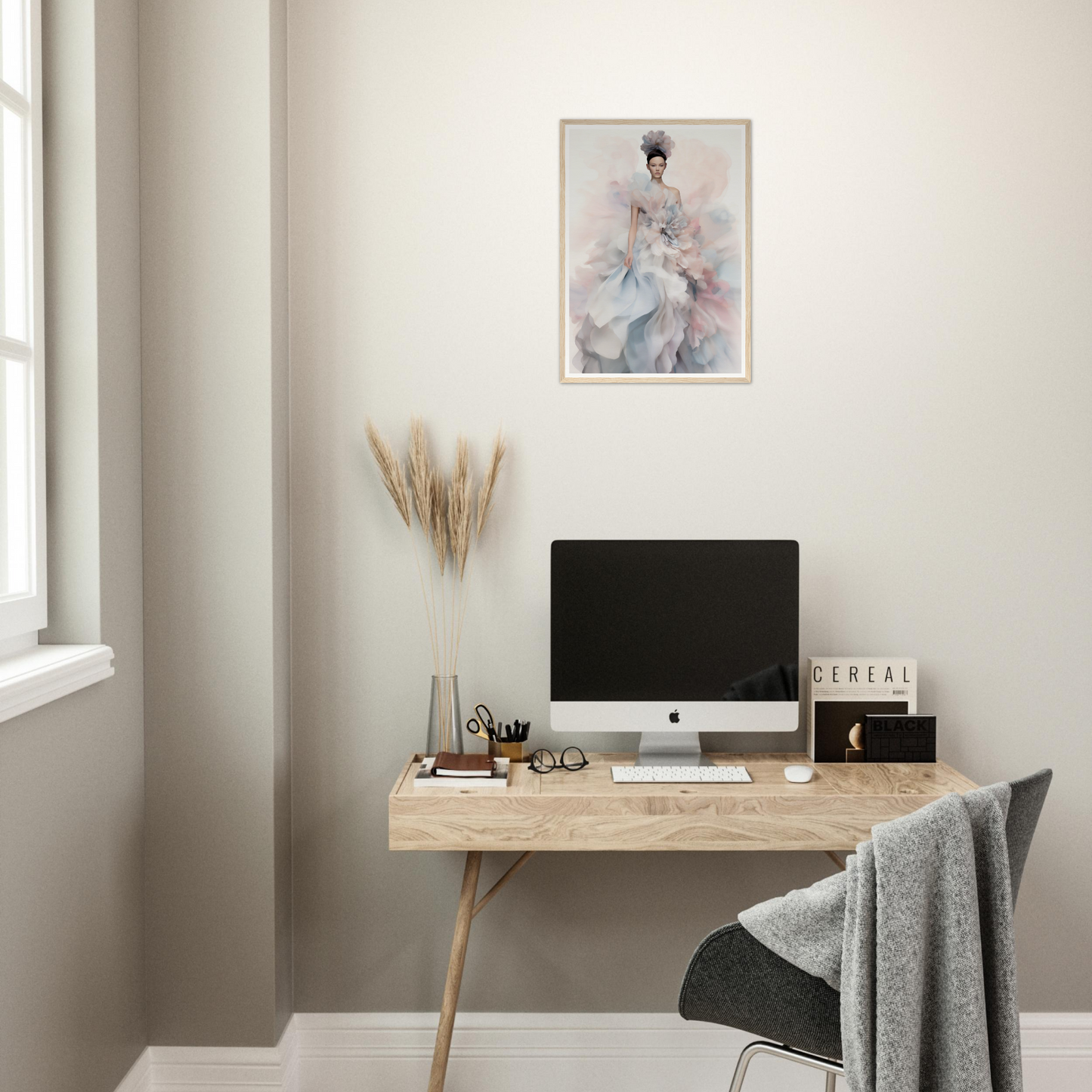 A desk with a computer and a chair