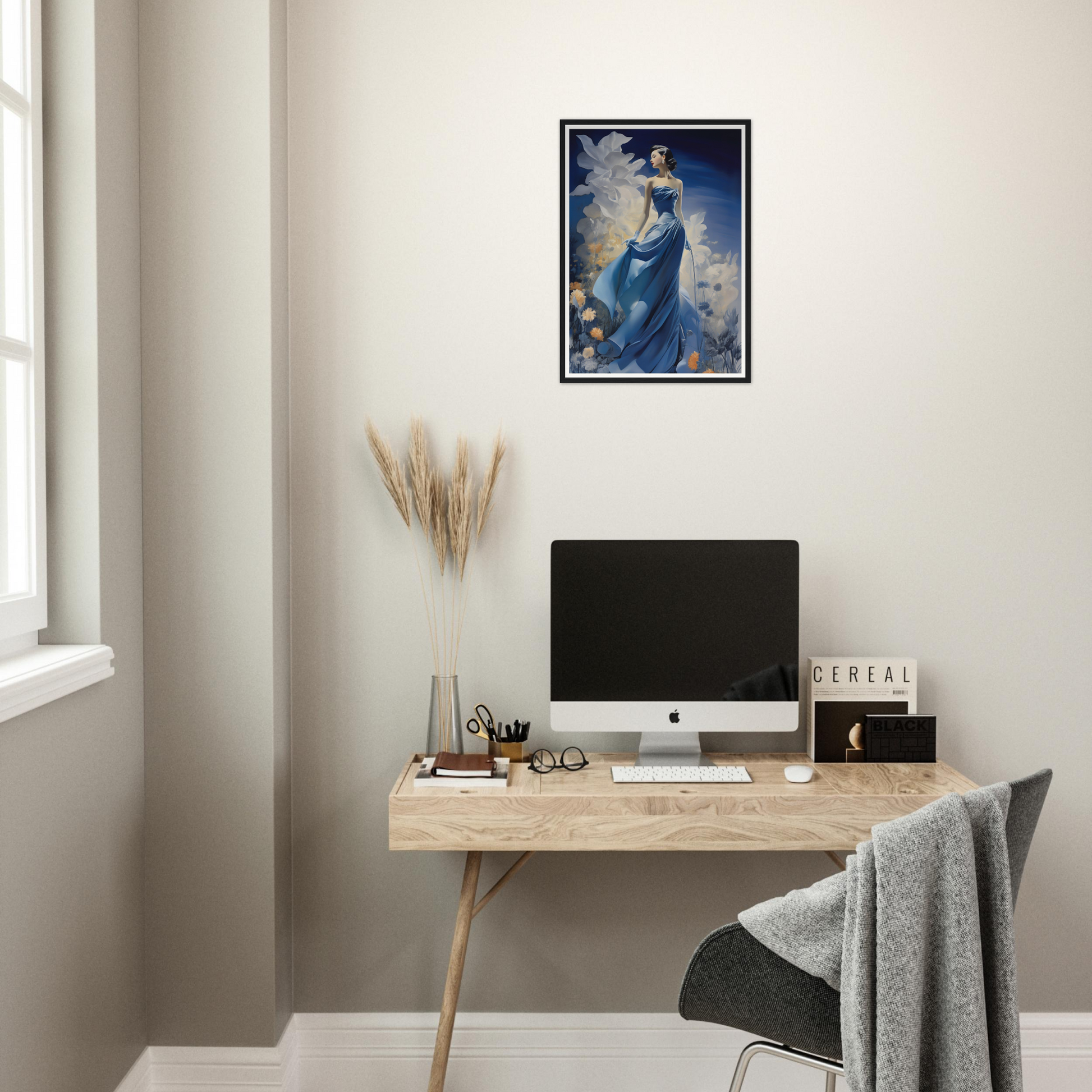 A desk with a computer and a chair