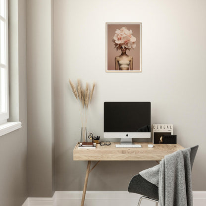 A desk with a computer and a flower on it