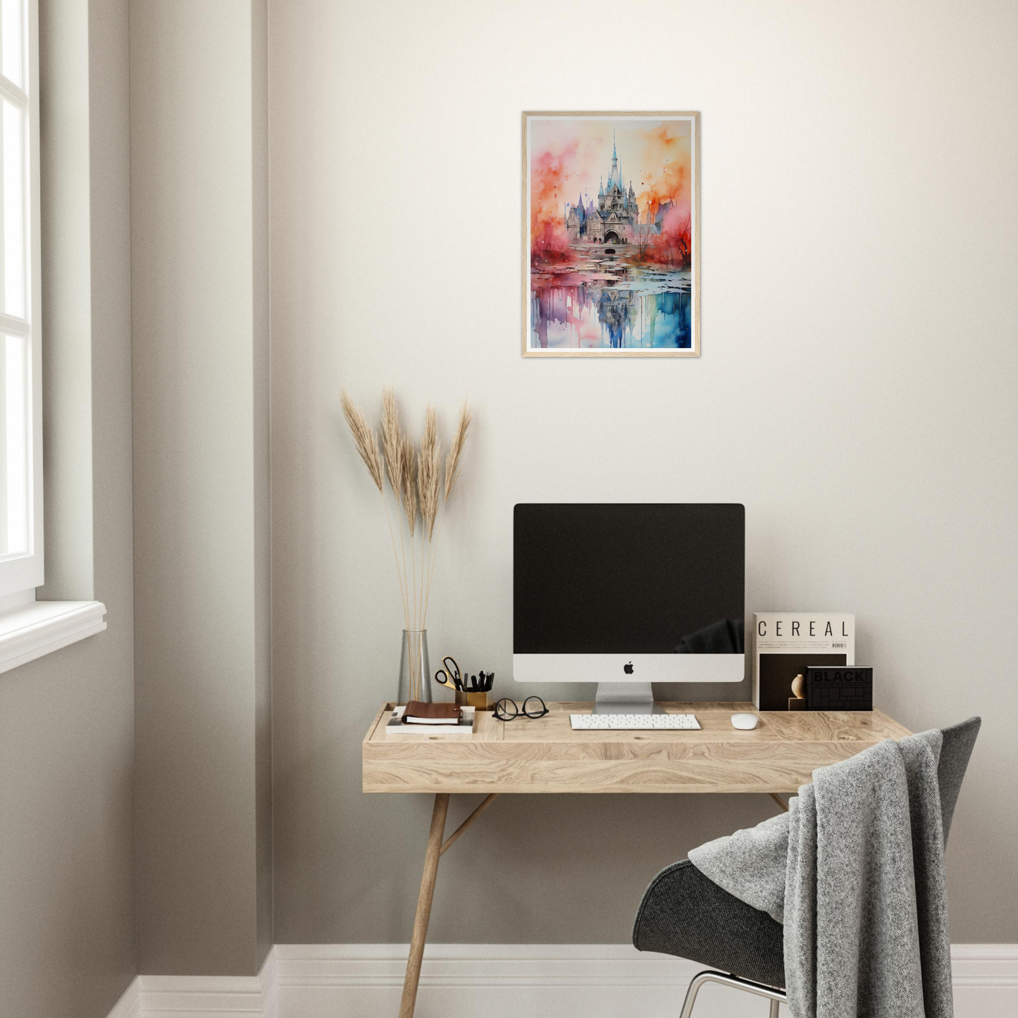 A desk with a computer and a painting on it