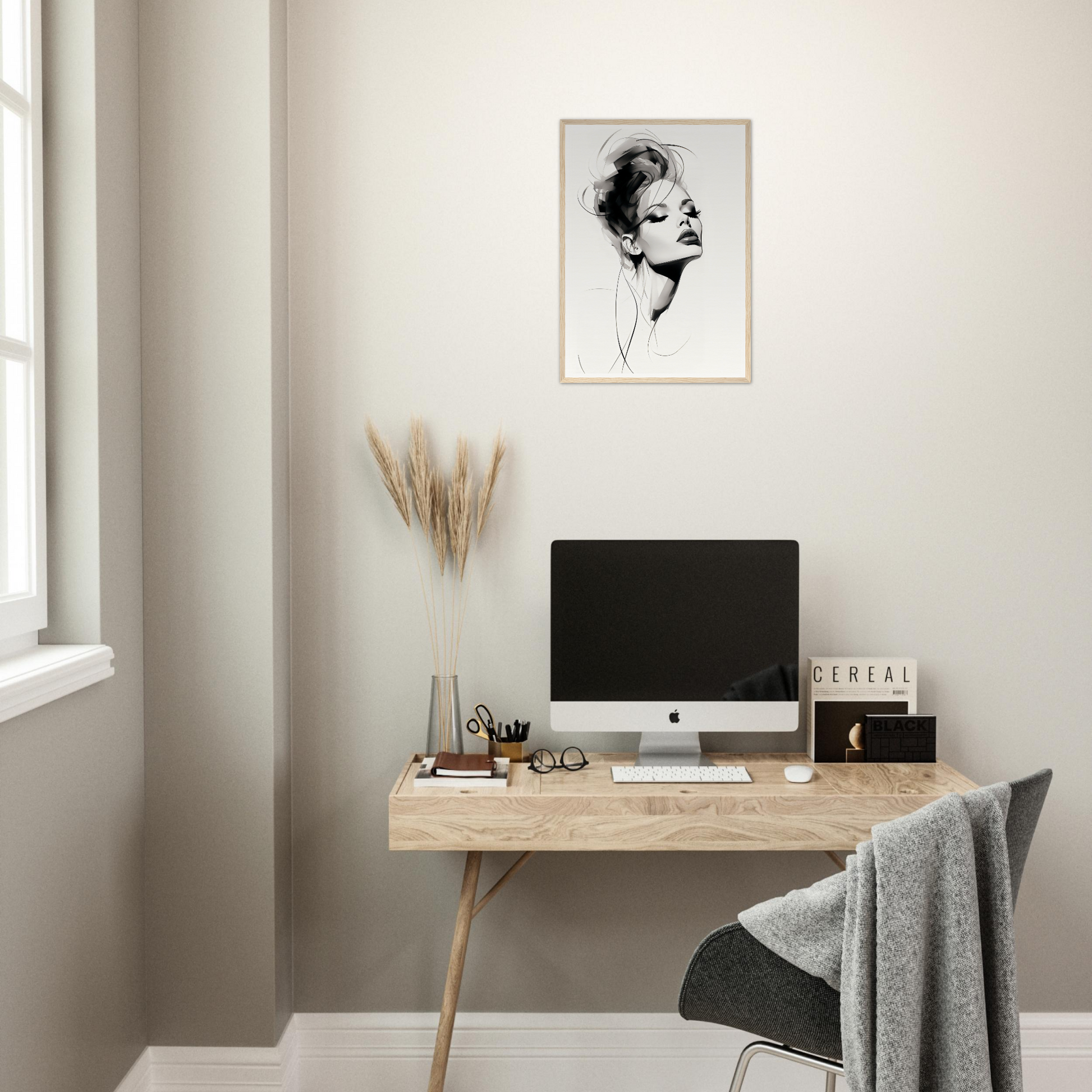 A desk with a computer and a plant on it