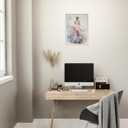 A desk with a computer and a plant