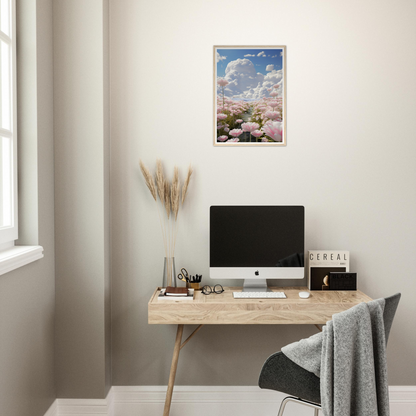 A desk with a computer and a plant on it