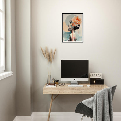 A desk with a computer and a plant on it