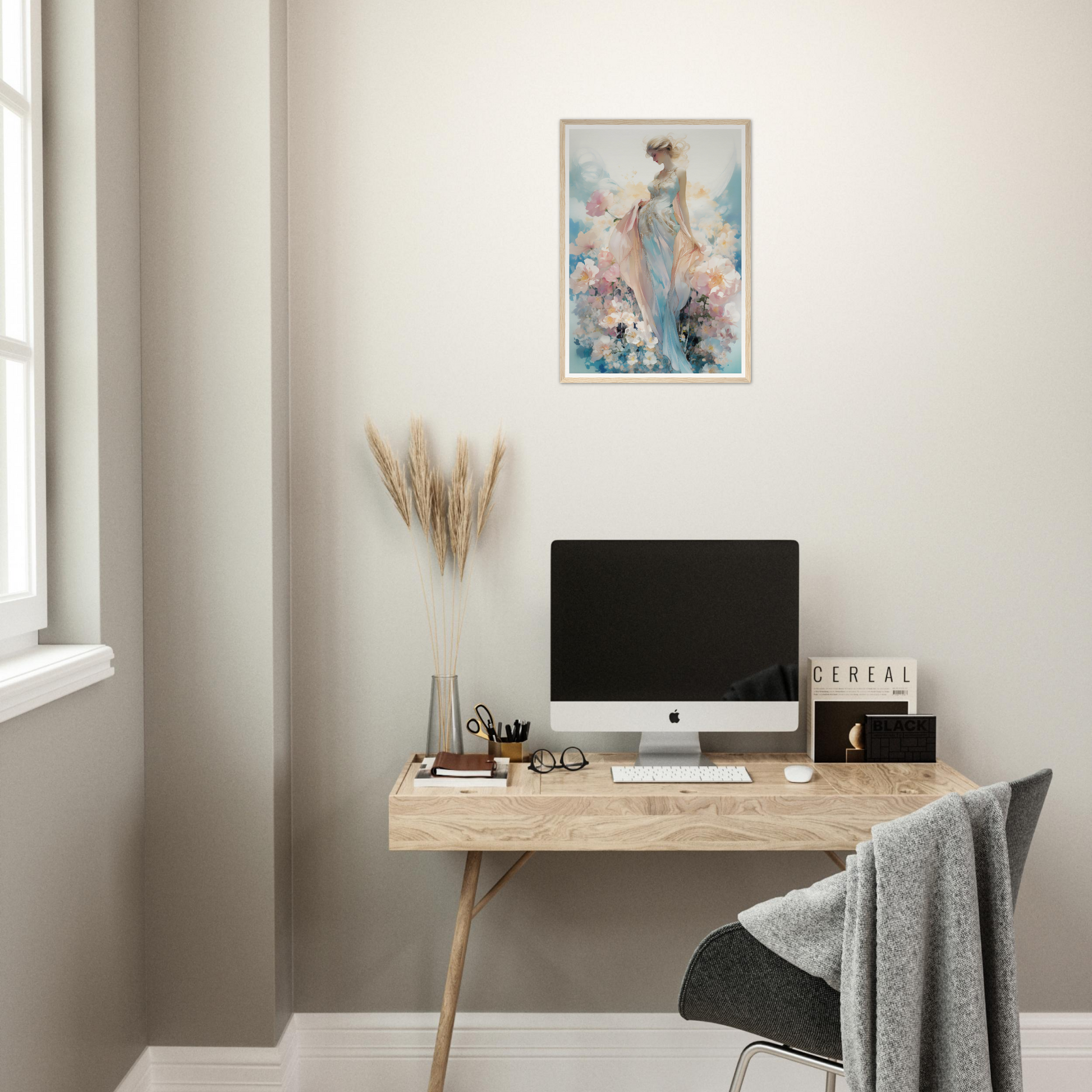 A desk with a computer and a plant on it