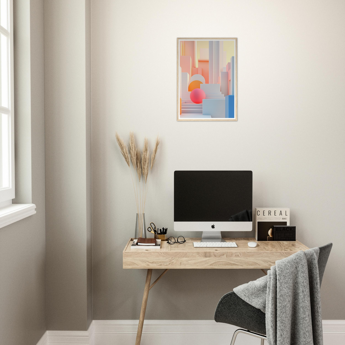 A desk with a computer and a plant