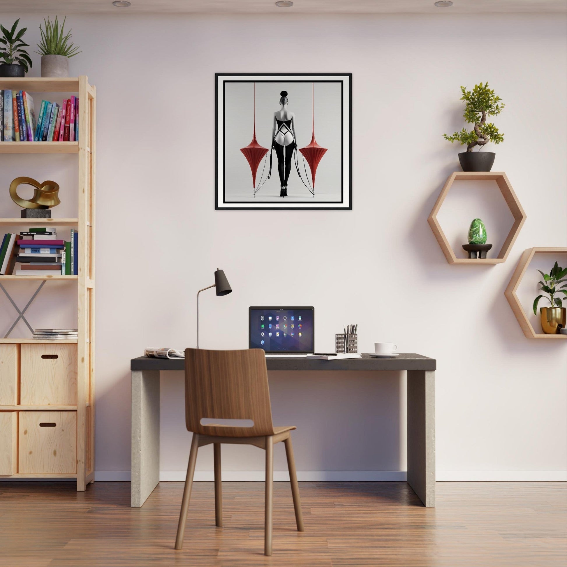 A desk with a laptop and a chair in front of it