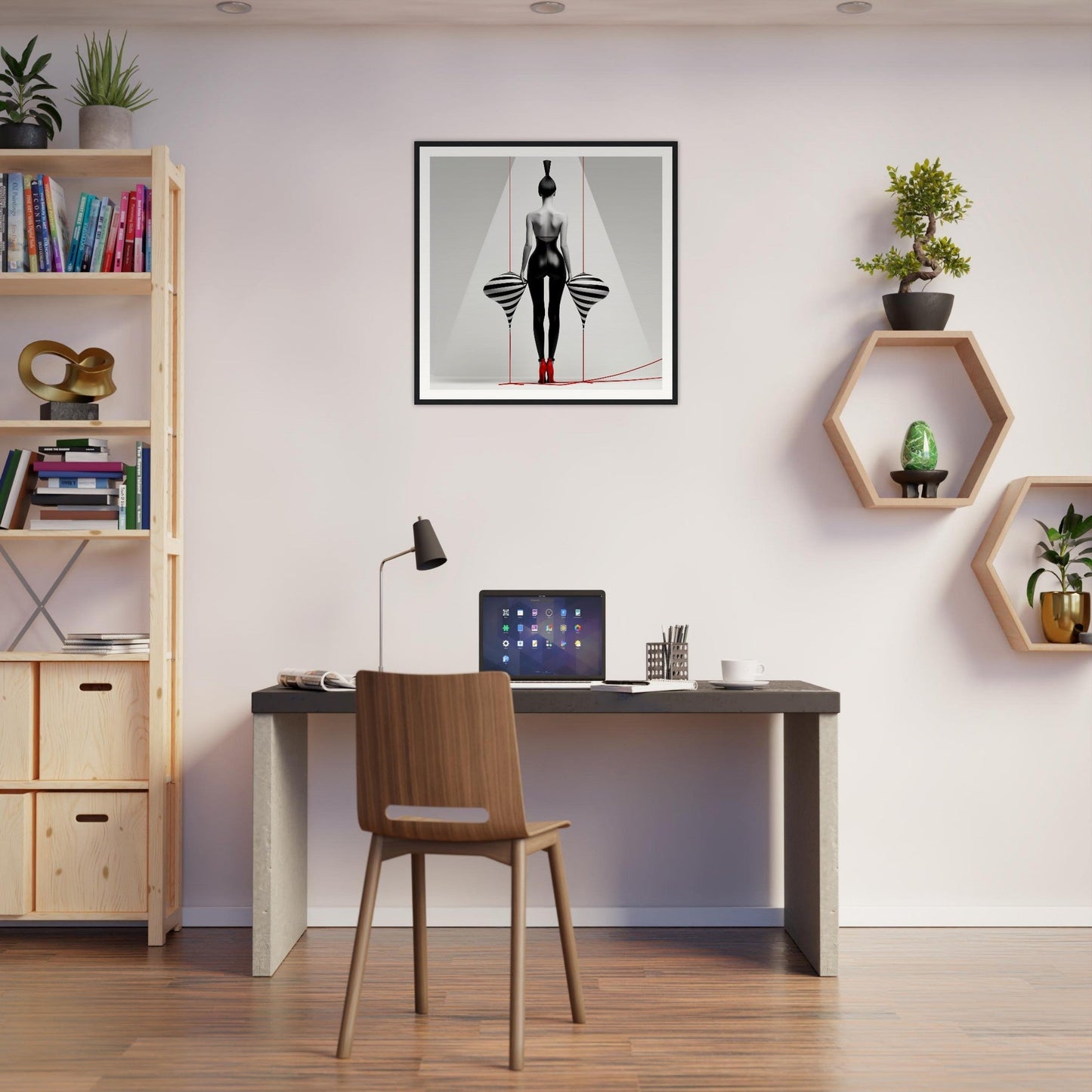 A desk with a laptop and a chair in front of it