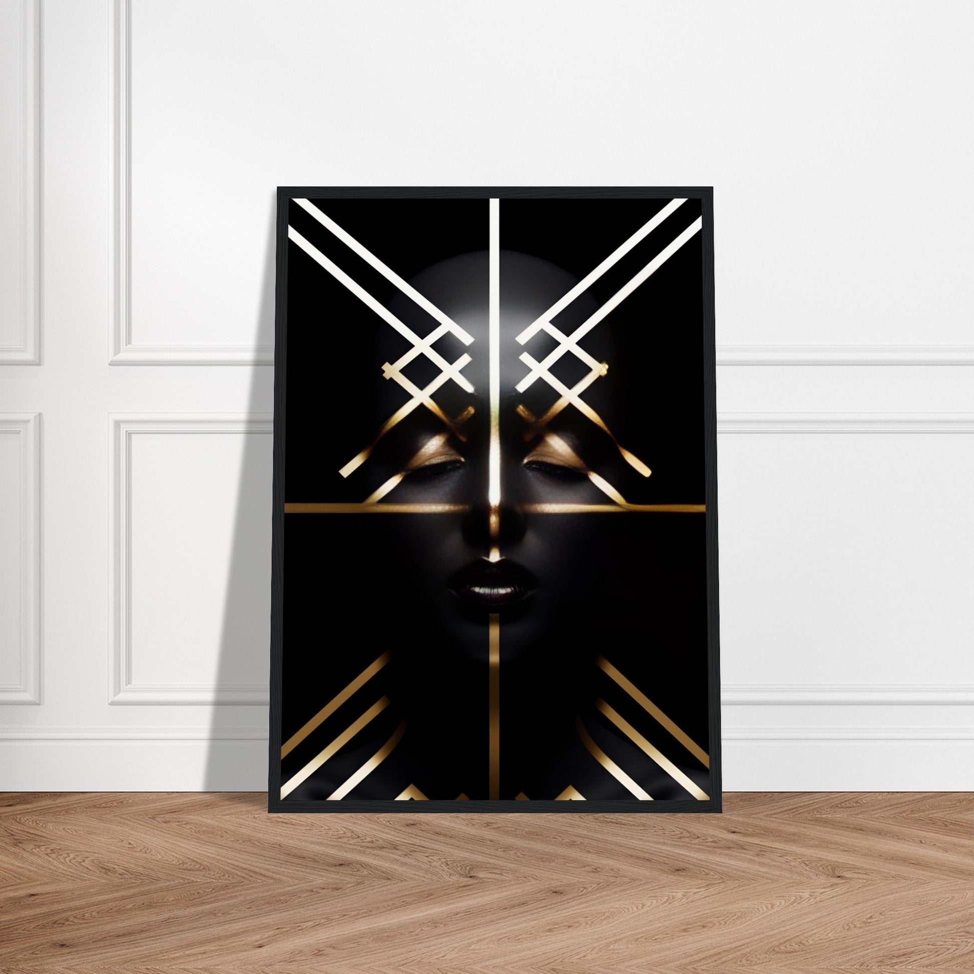 Abstract geometric artwork featuring intersecting gold and white lines on a black background.