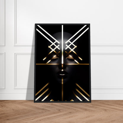 Abstract geometric artwork featuring intersecting gold and white lines on a black background.