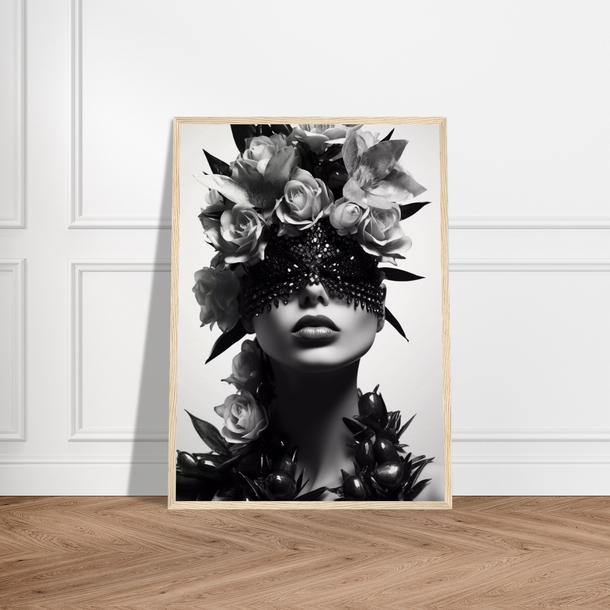 Black and white artistic portrait featuring a person’s face partially obscured by roses and abstract elements.