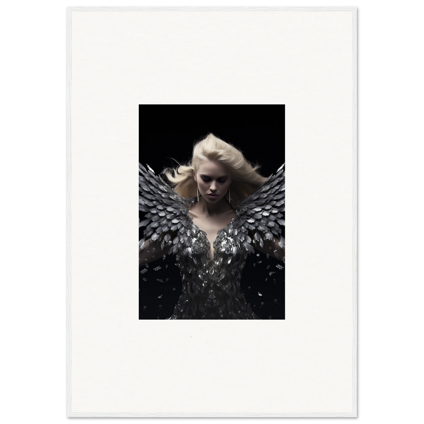 Dramatic portrait of a figure with dark wings for Phantom Reverie framed wall art