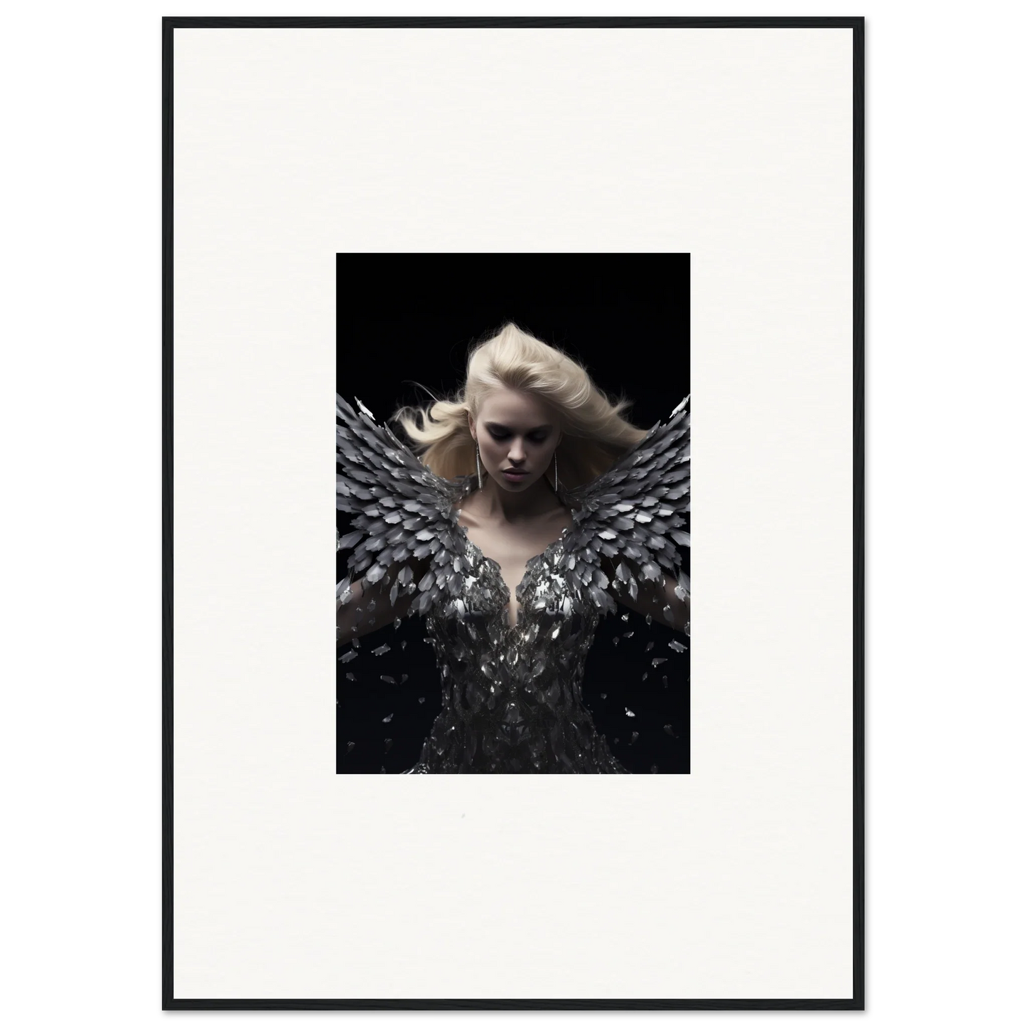 Dramatic portrait of a figure with gray wings for Phantom Reverie room decor wall art