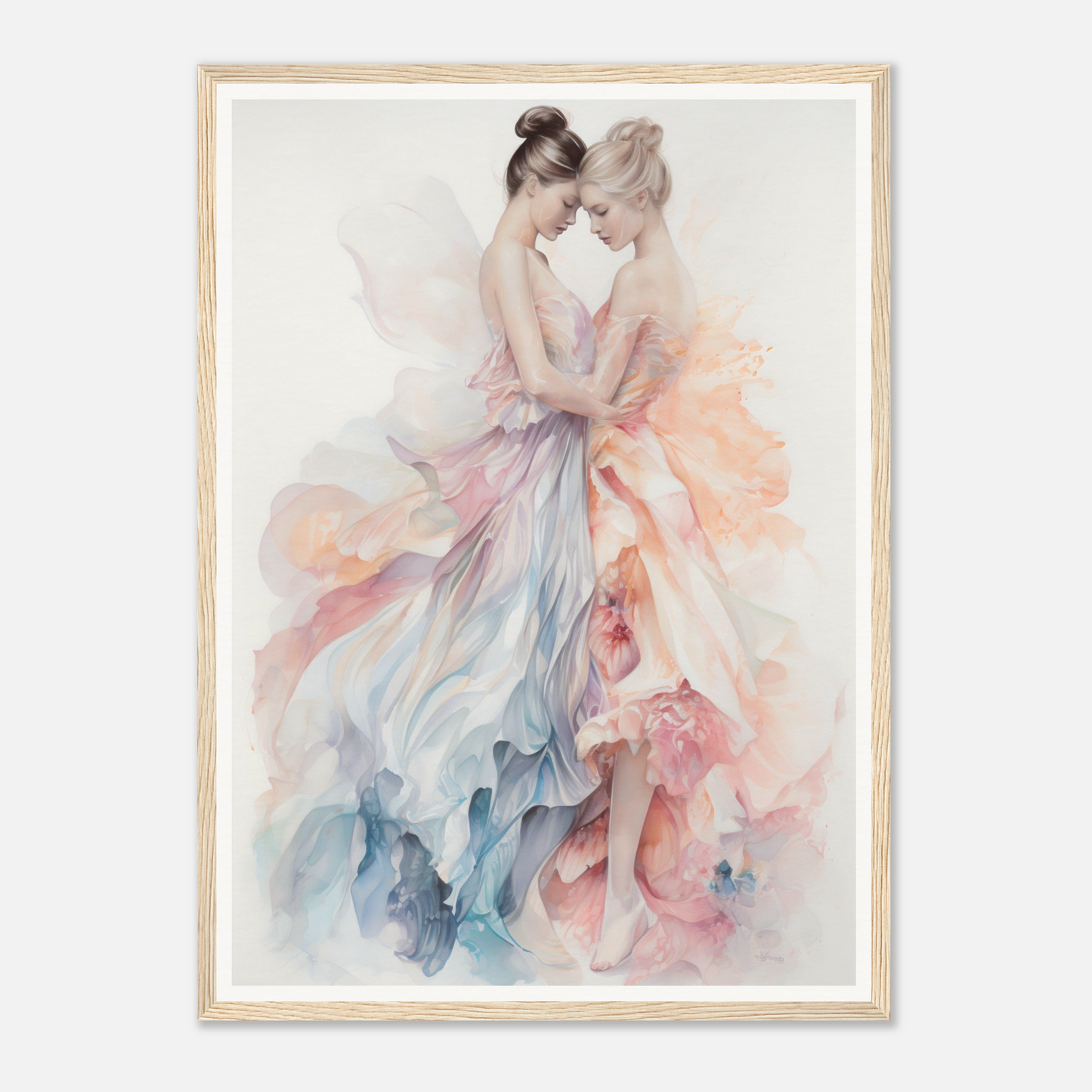 Watercolor painting of two ballet dancers in flowing pastel dresses embracing.