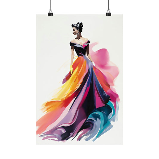 Colorful, flowing gown worn by a woman in an artistic, painterly style.