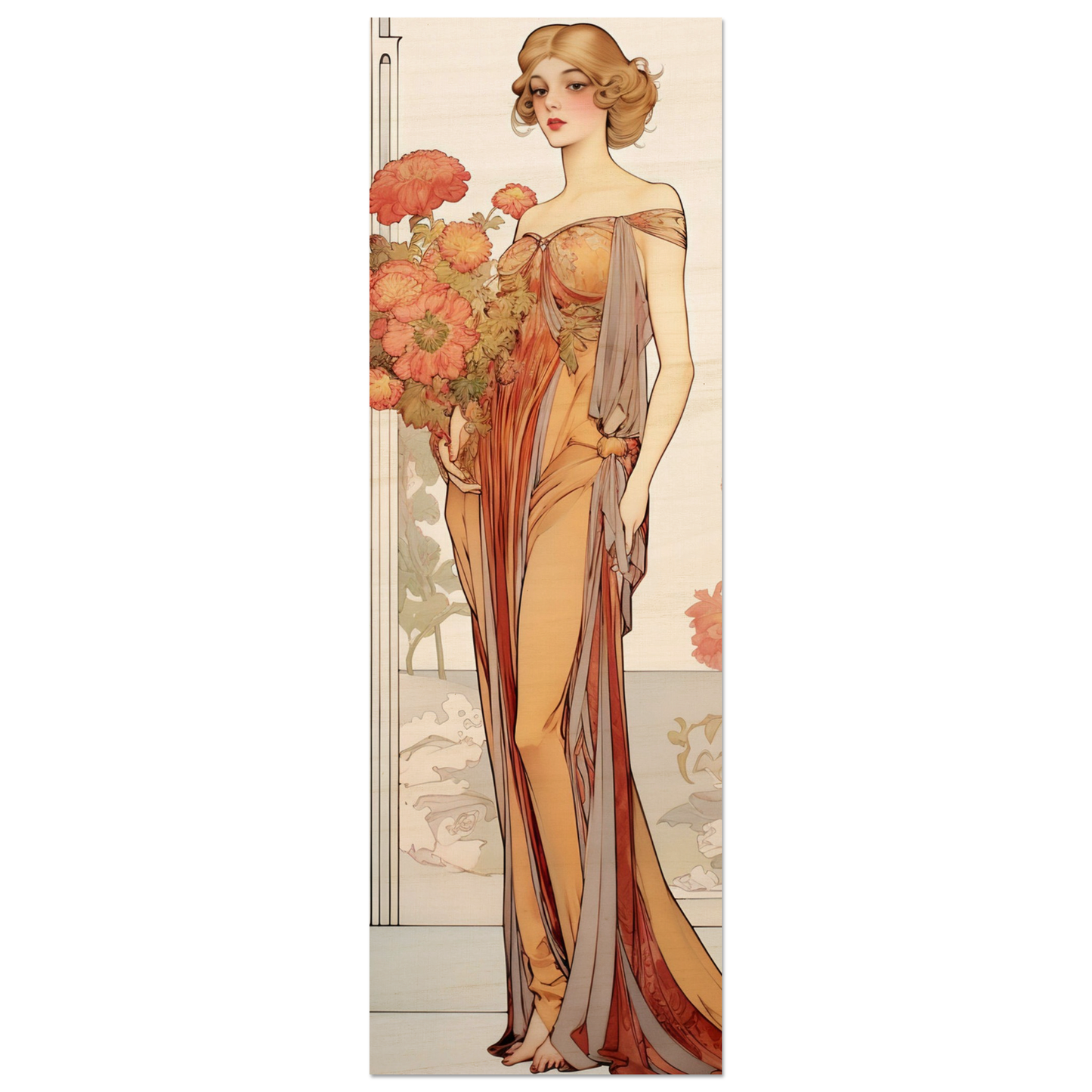 Elegant woman in a flowing Art Nouveau-style gown holding orange flowers.