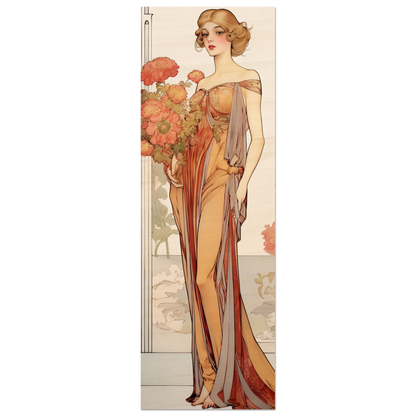 Elegant woman in a flowing Art Nouveau-style gown holding orange flowers.