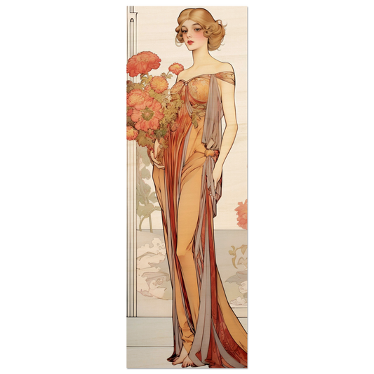 A woman in an orange dress holding flowers can transform your space with Alphonse Mucha Wannabe Art Deco - Wood Prints.