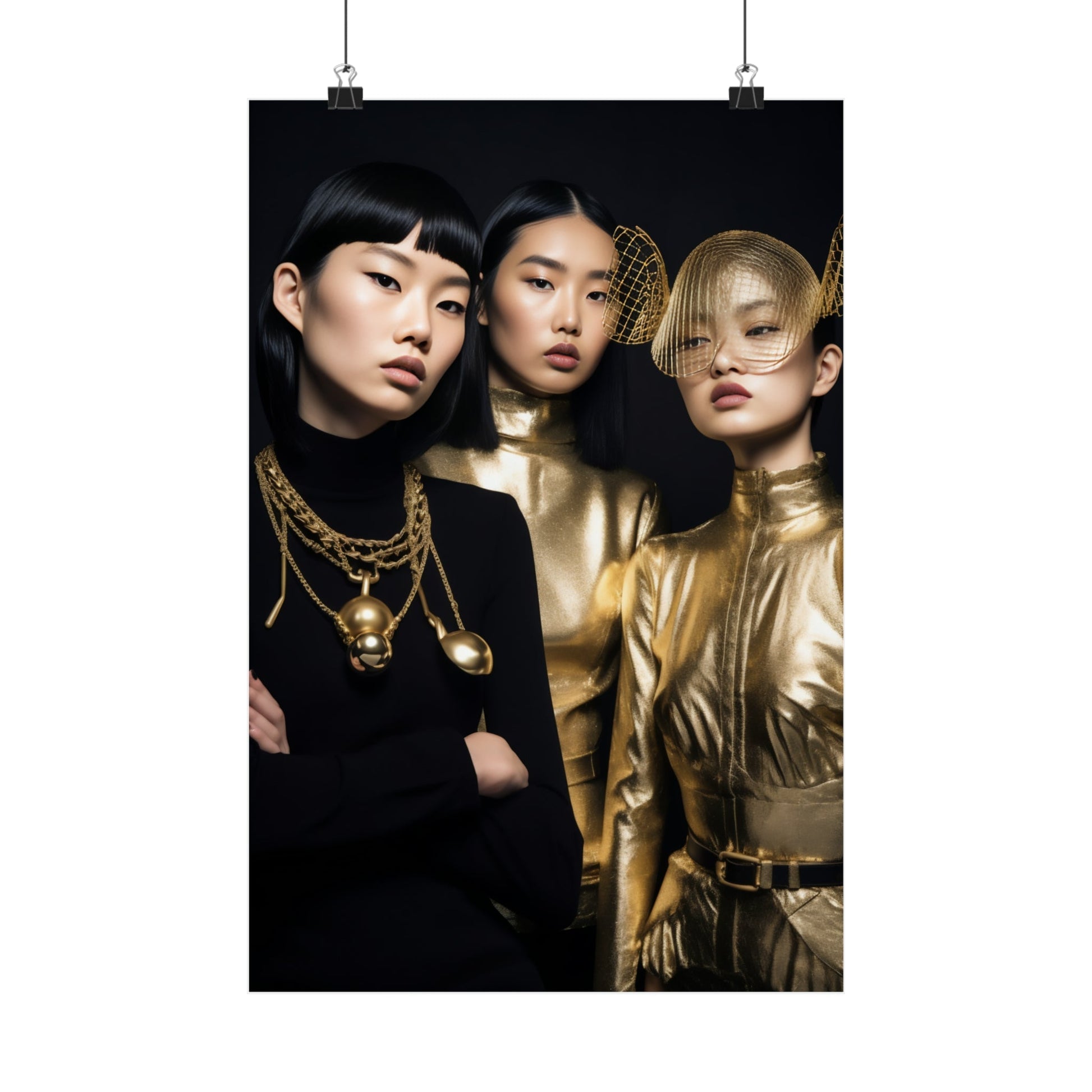 Fashion portrait featuring three models in contrasting black and gold outfits with bold accessories.