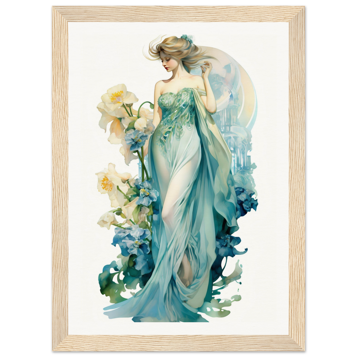 Ethereal female figure in a flowing teal gown surrounded by floral elements.