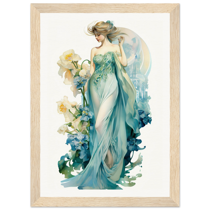 Ethereal female figure in a flowing teal gown surrounded by floral elements.